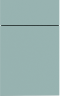 A close up of a light blue cabinet door on a white background.