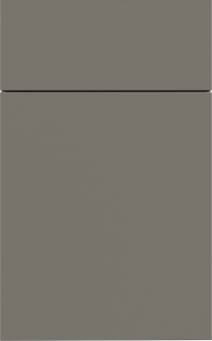 A close up of a gray cabinet door on a white background.