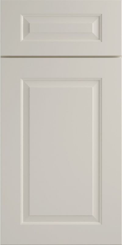 A close up of a white cabinet door on a white background.