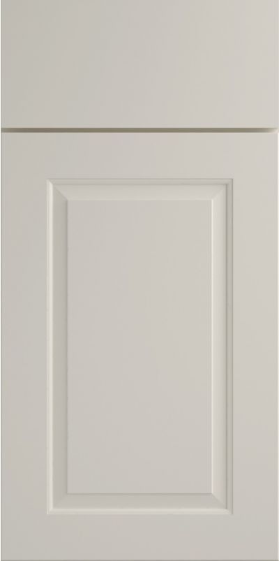 A close up of a white cabinet door on a white background.