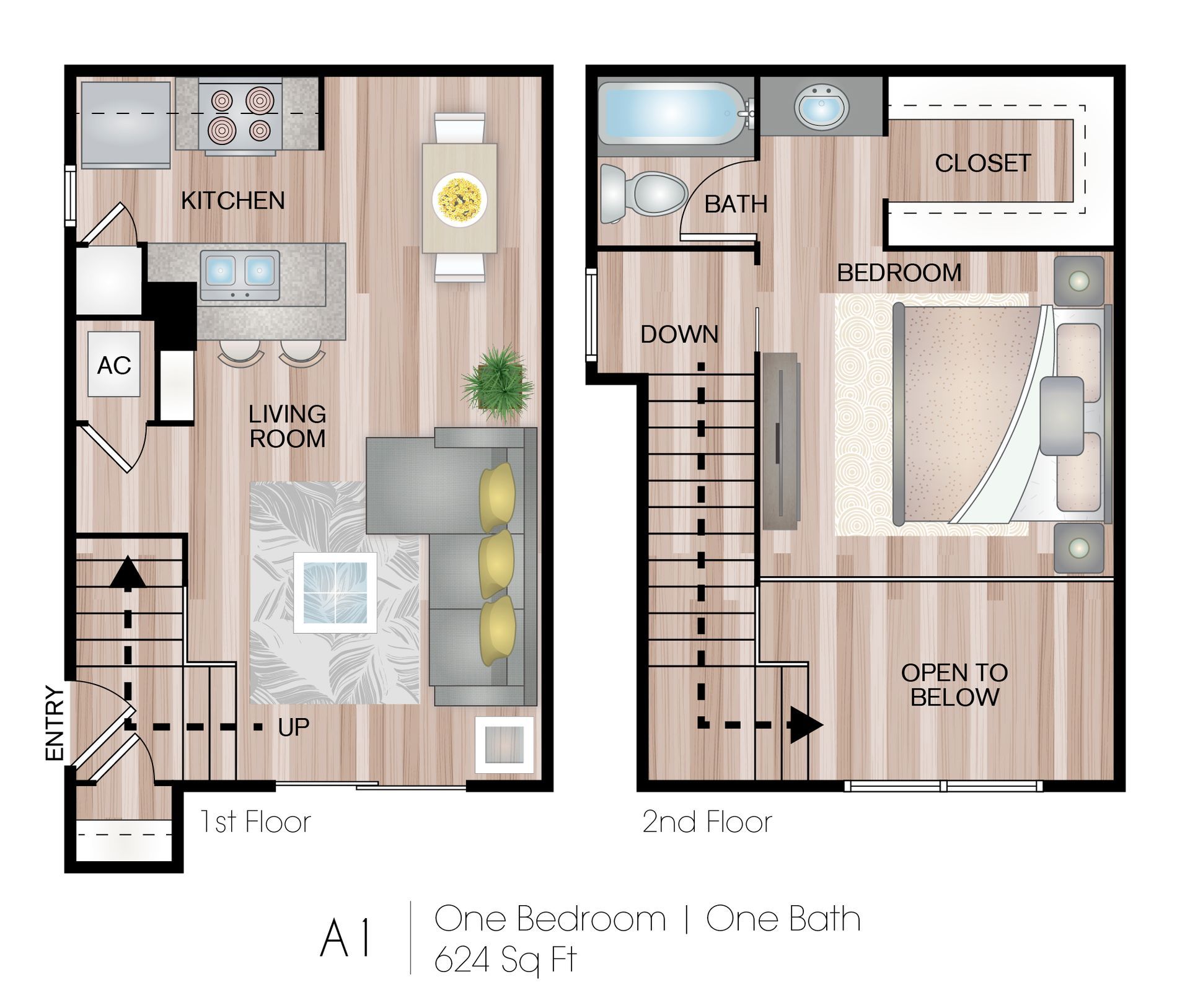 Two-story one-bedroom floor plan with kitchen, living room, bedroom, bath, and stairs.