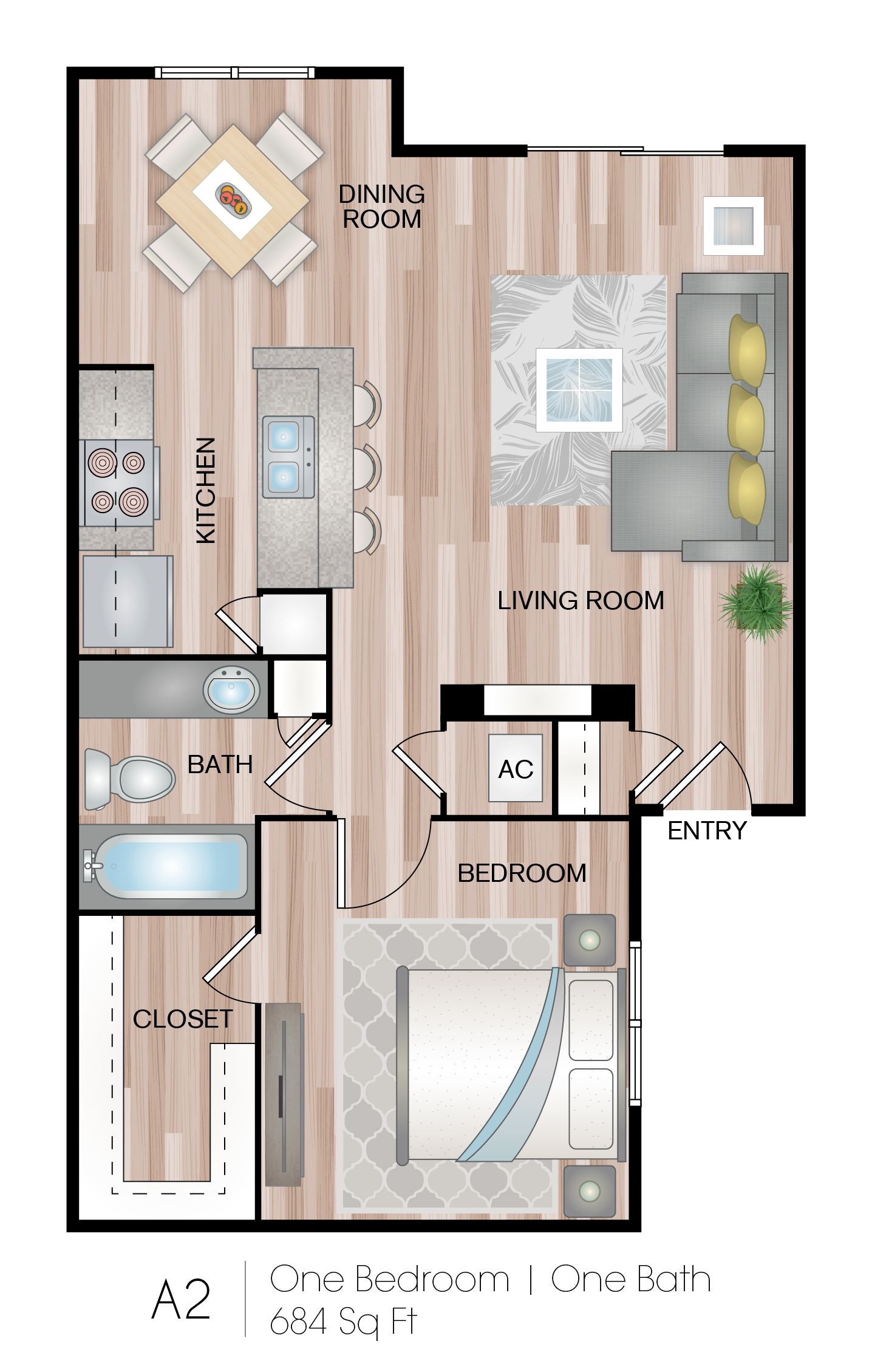 Apartment floor plan with labeled rooms, wood flooring, and furniture layout.