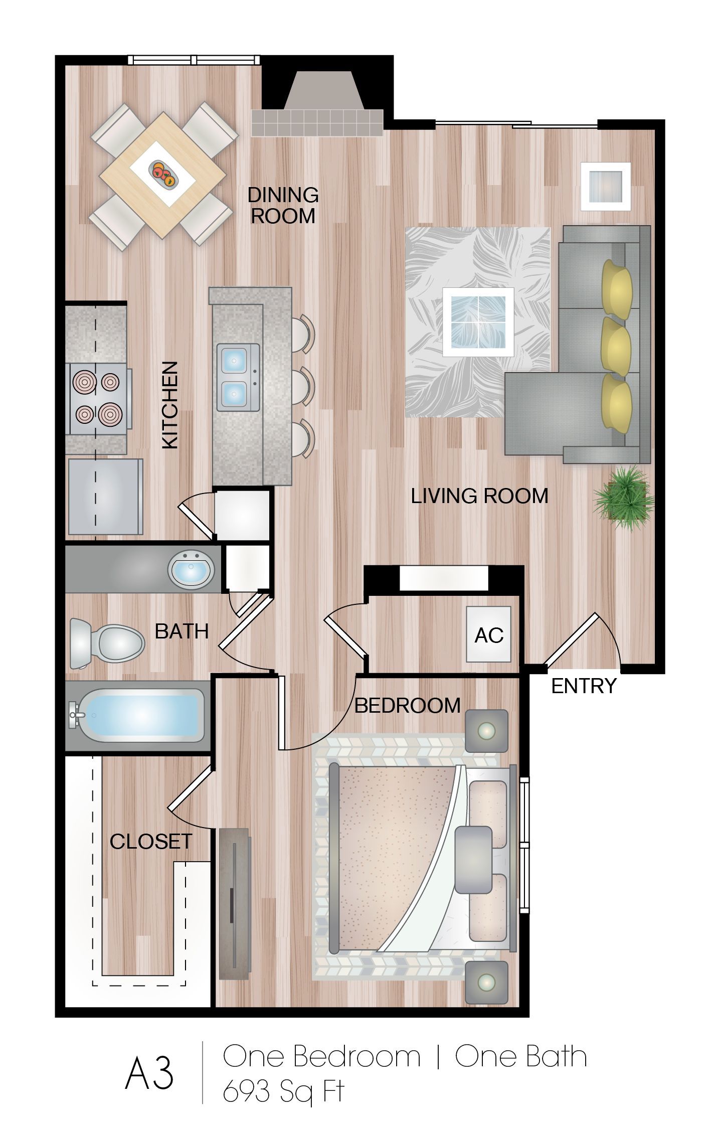 Top-down floor plan of a small apartment with labeled kitchen, living room, bathroom, and bedroom.