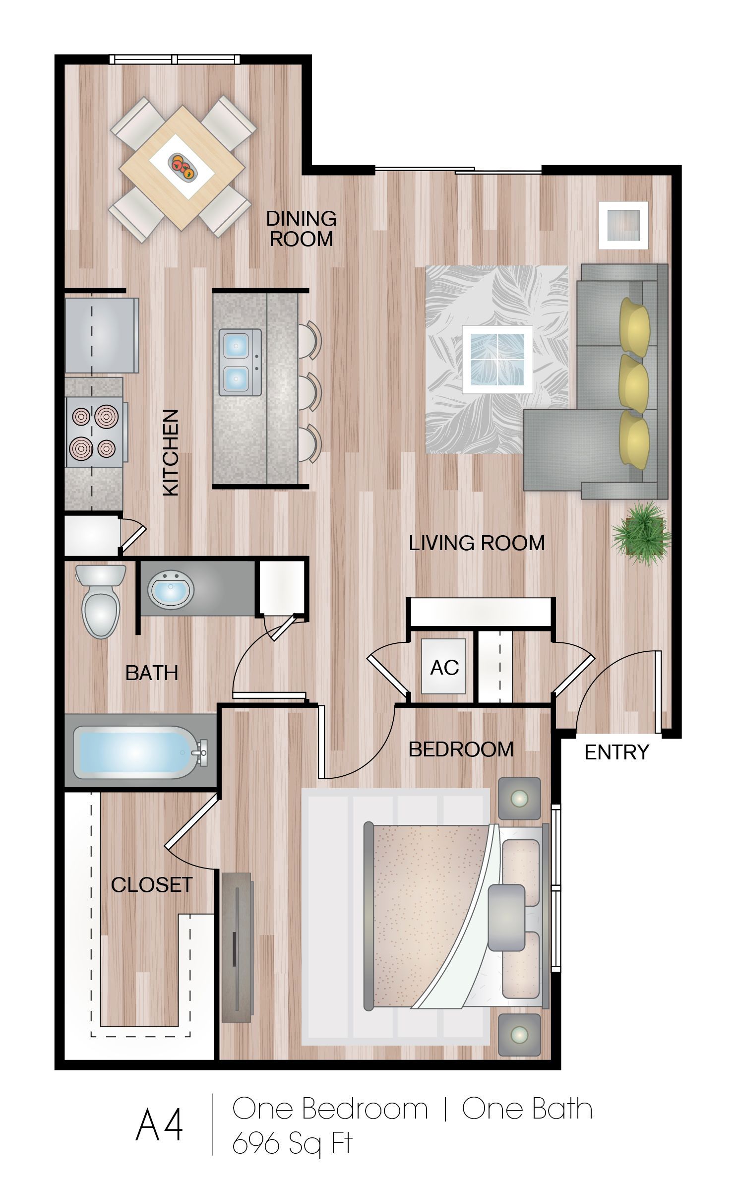 Top-down apartment floor plan with living room, kitchen, bedroom, bathroom, and balcony in neutral tones