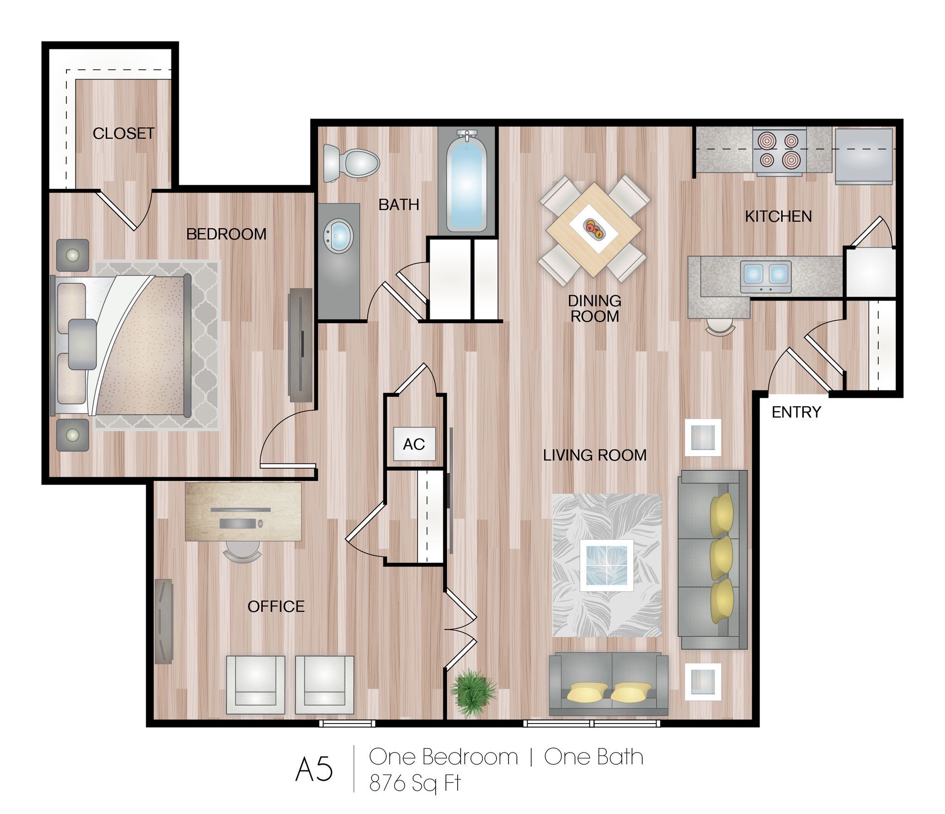 Floor plan of a one-bedroom apartment with living room, kitchen, bath, dining area, and bedroom.
