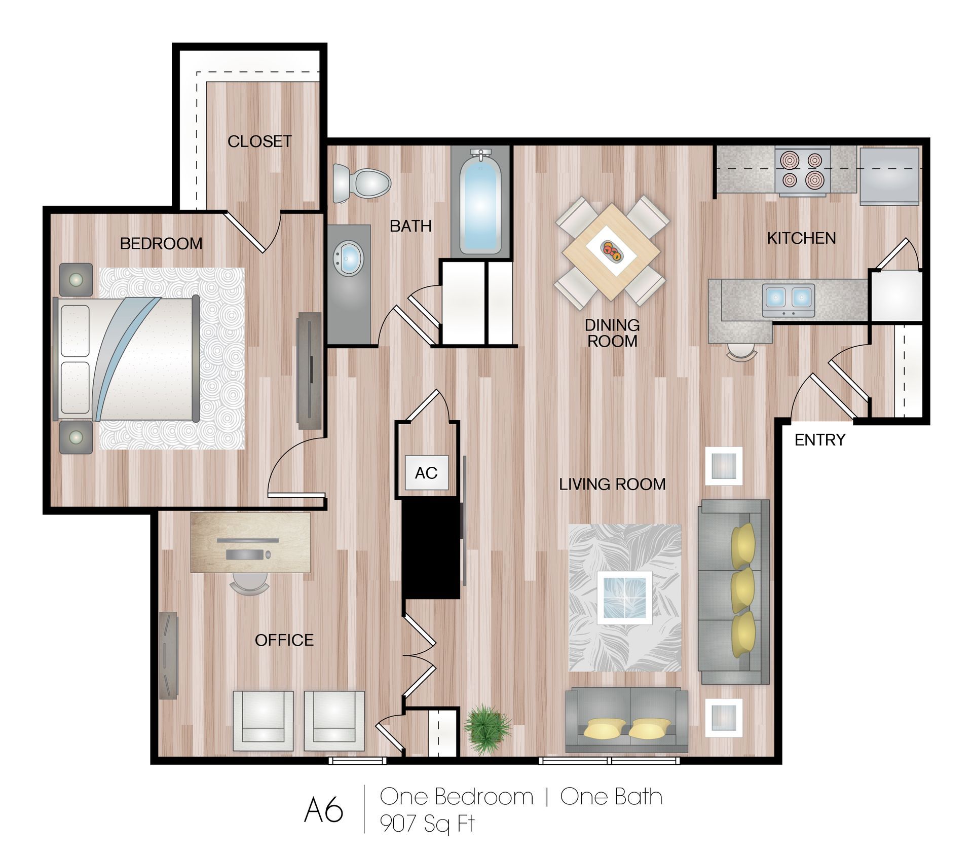 Apartment floor plan with kitchen, living room, bedroom, bathroom, and entryway shown in soft neutral tones