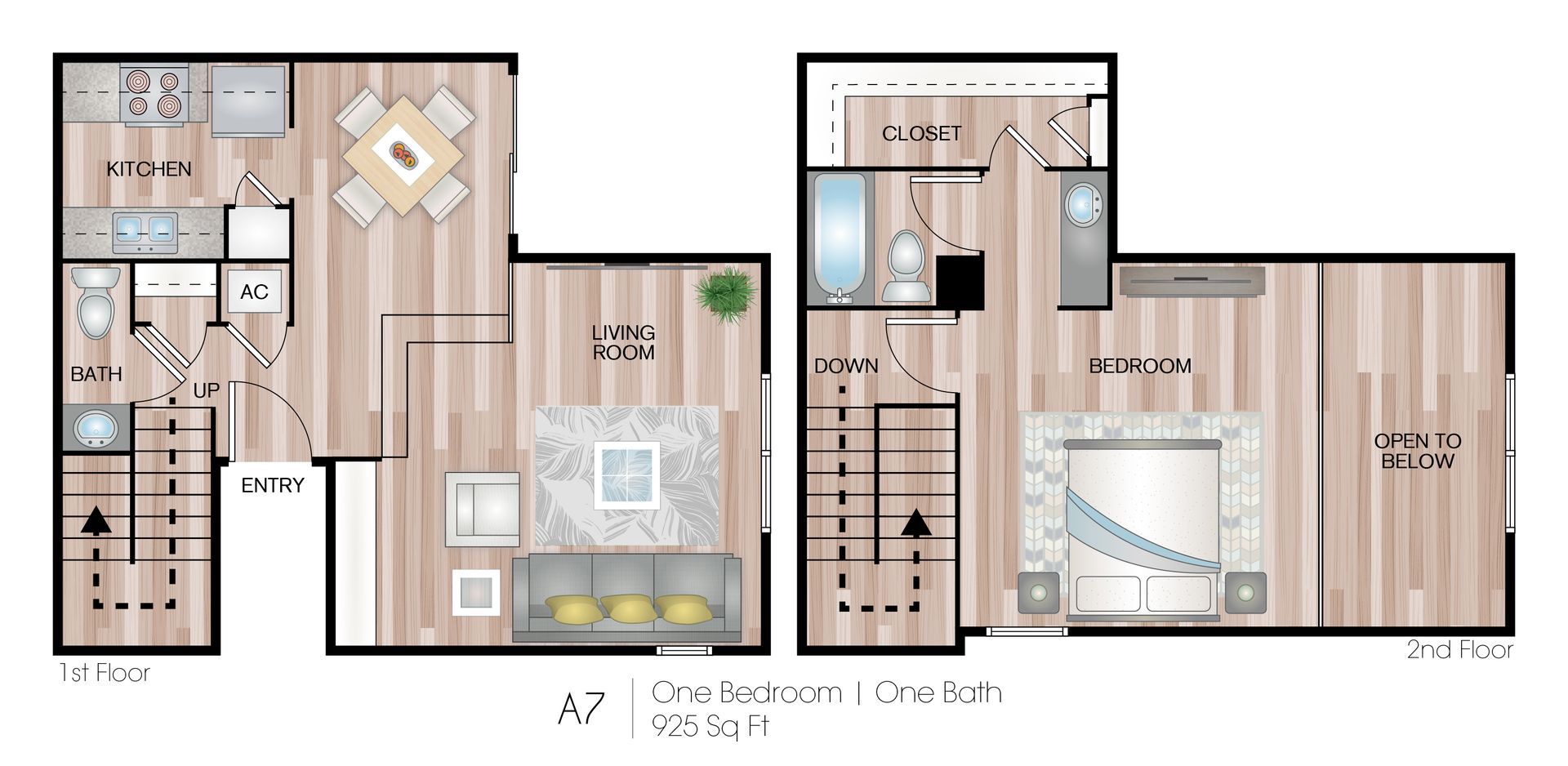 Residential floor plan with wood-look rooms, kitchen, living area, stairs, and second-floor bedrooms/bathrooms