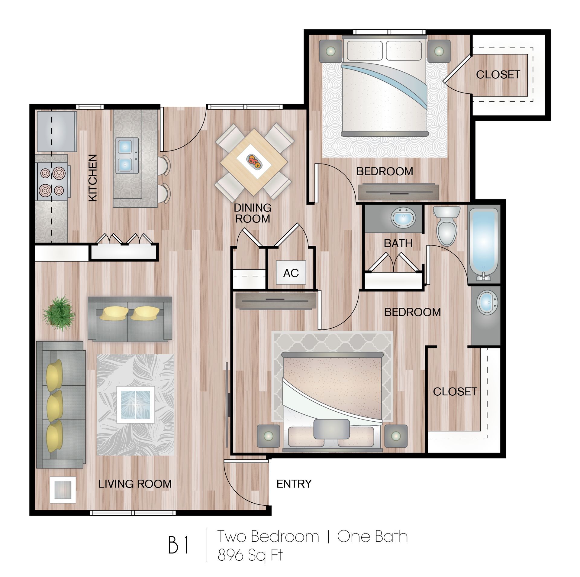 Two-bedroom, one-bath apartment floor plan with entry, living room, kitchen, bath, bedrooms, and closets