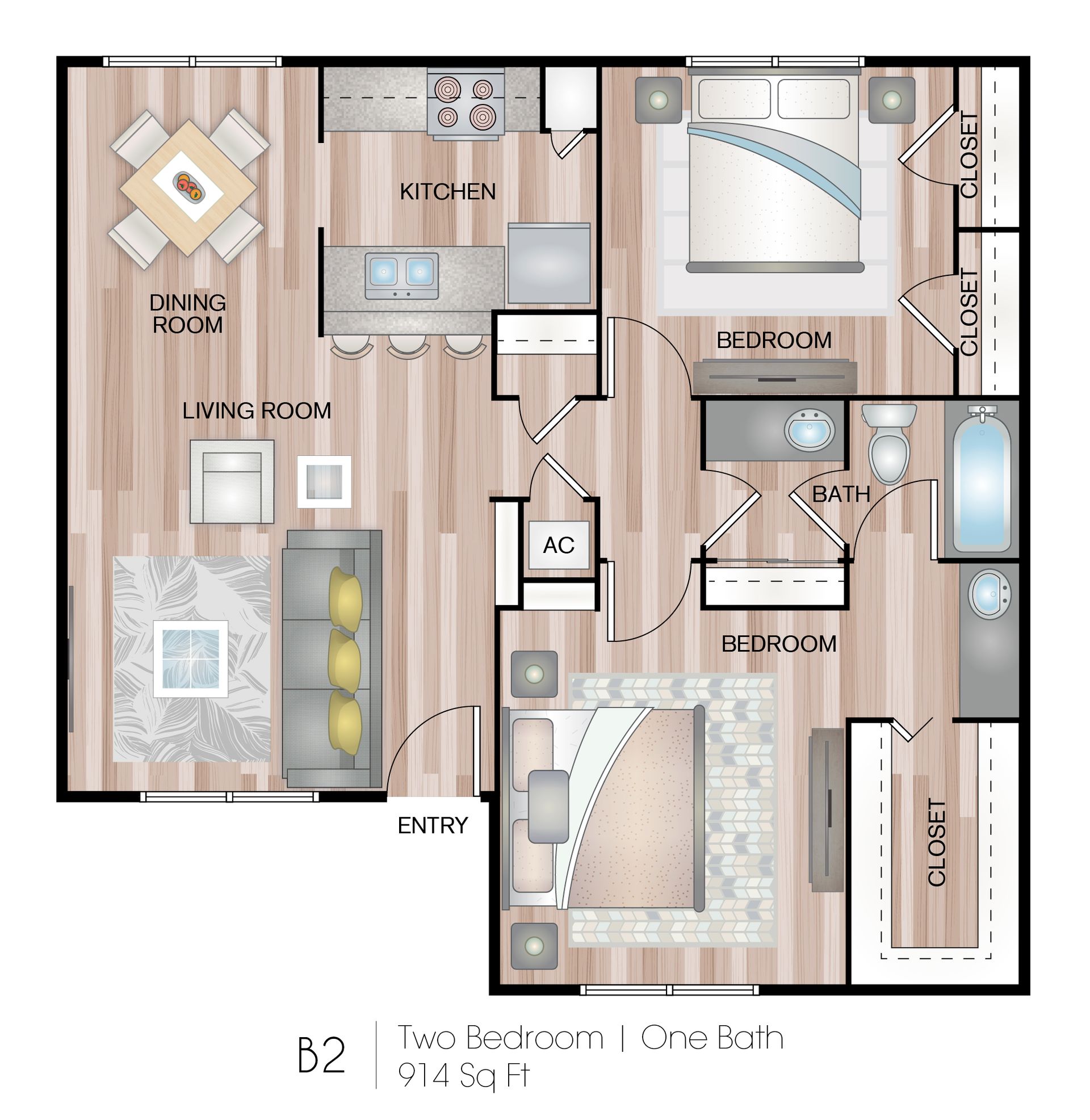 Top-down apartment floor plan with living room, kitchen, bedroom, bath, and closet in neutral tones