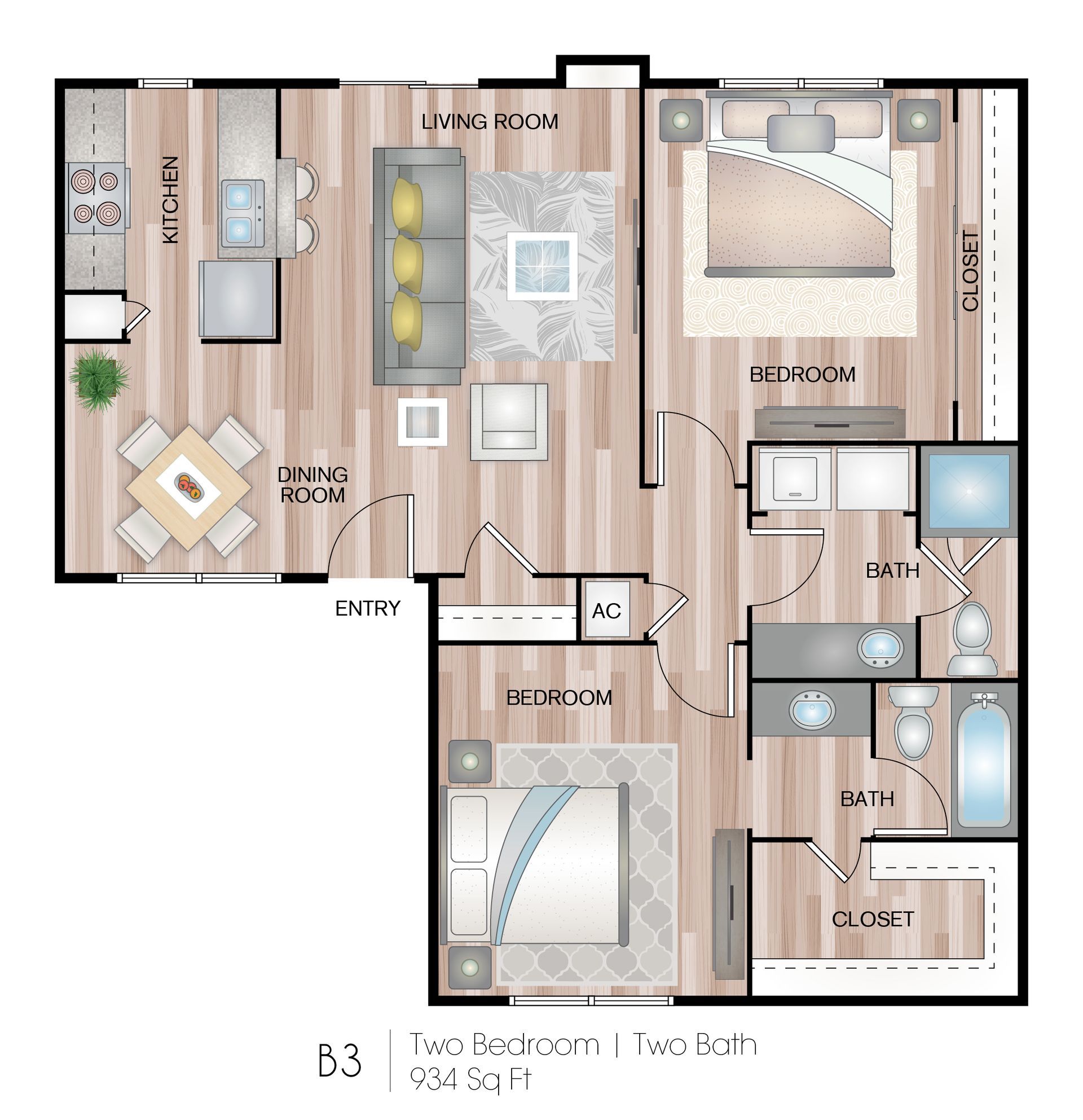 Apartment floor plan with living room, kitchen, two bedrooms, balcony, and two bathrooms.