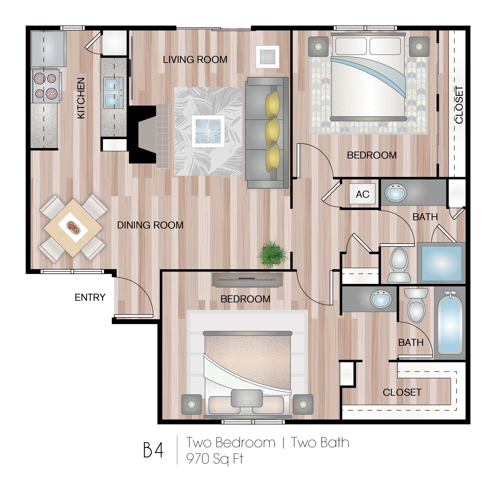 Apartment floor plan with open living room, kitchen, two bedrooms, two baths, and entry.