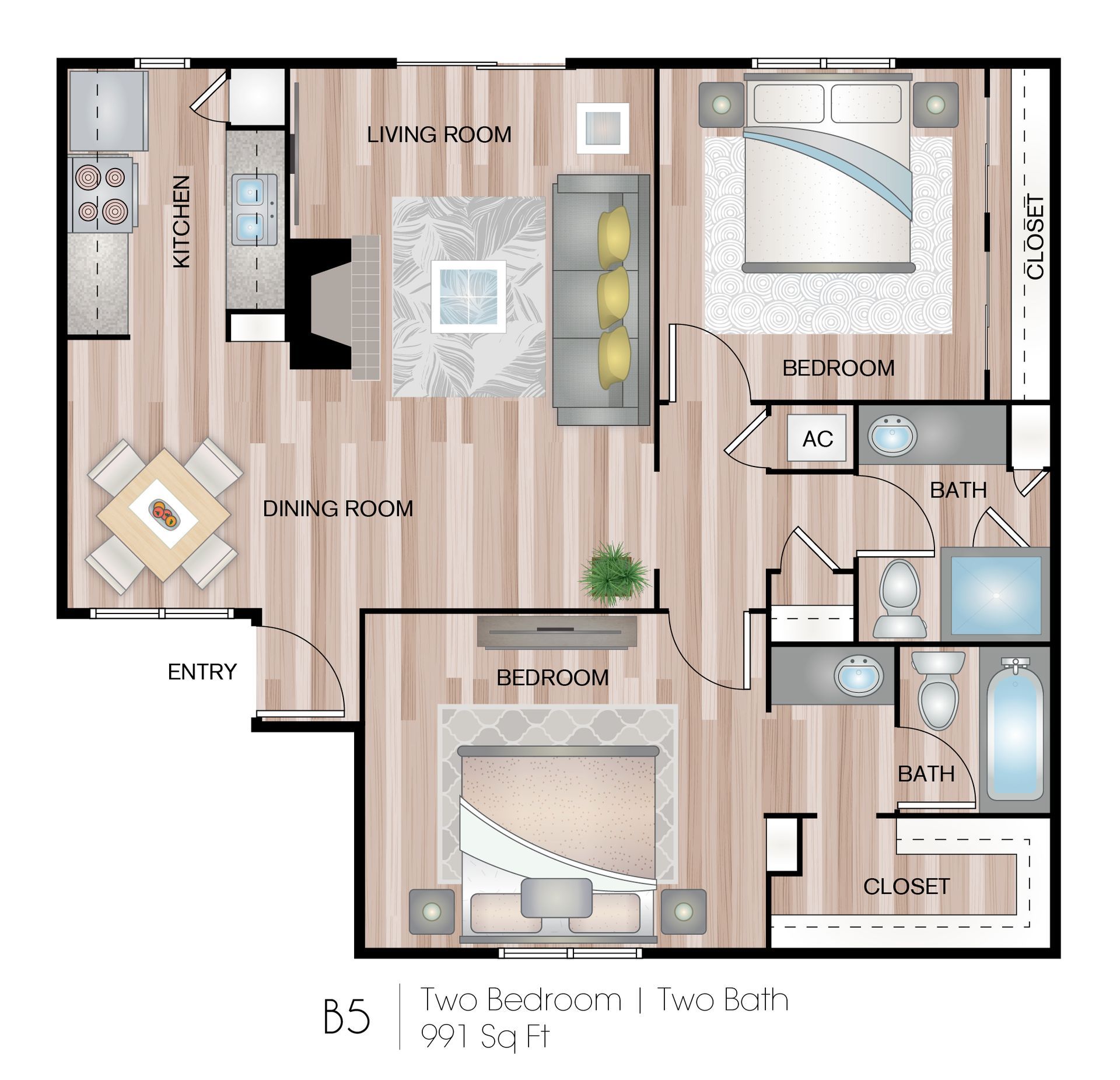 Floor plan of a one-bedroom apartment with living room, kitchen, bath, closet, and balcony.