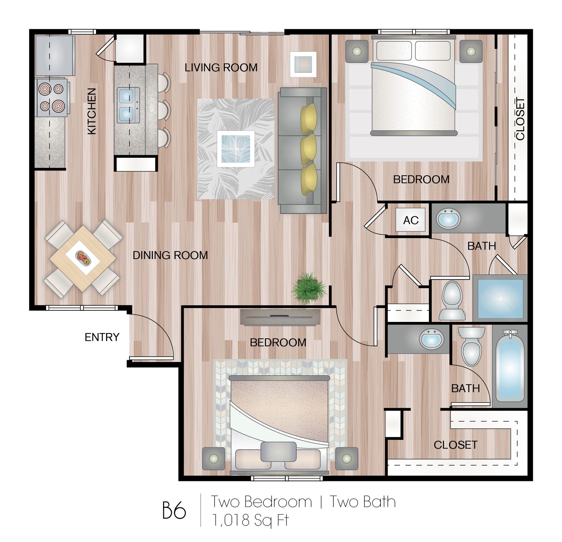 Two-bedroom apartment floor plan with living room, kitchen, bath, and balcony in a modern wood-tone layout
