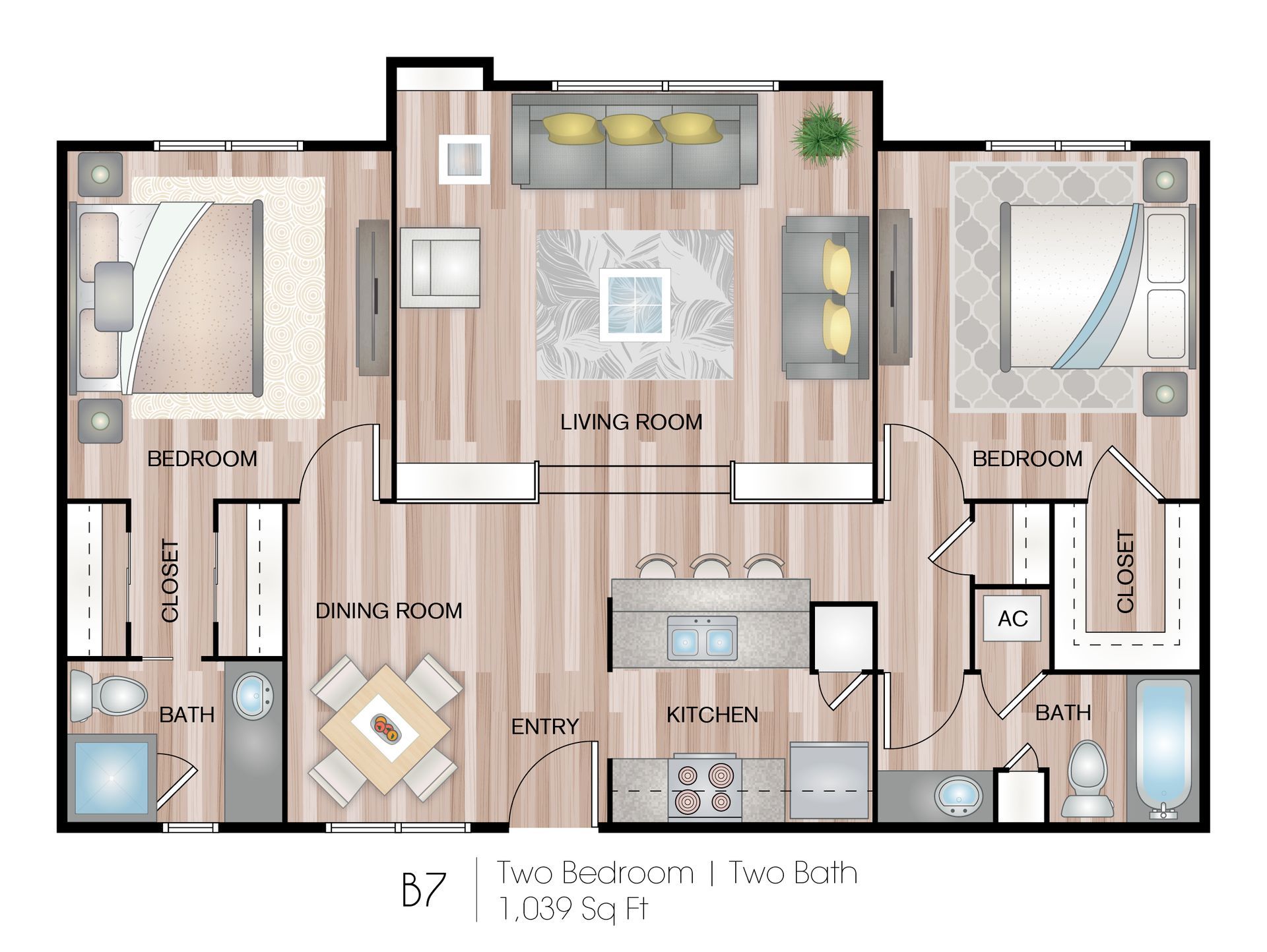 Apartment floor plan with living room, kitchen, two bedrooms, two bathrooms, and balcony.