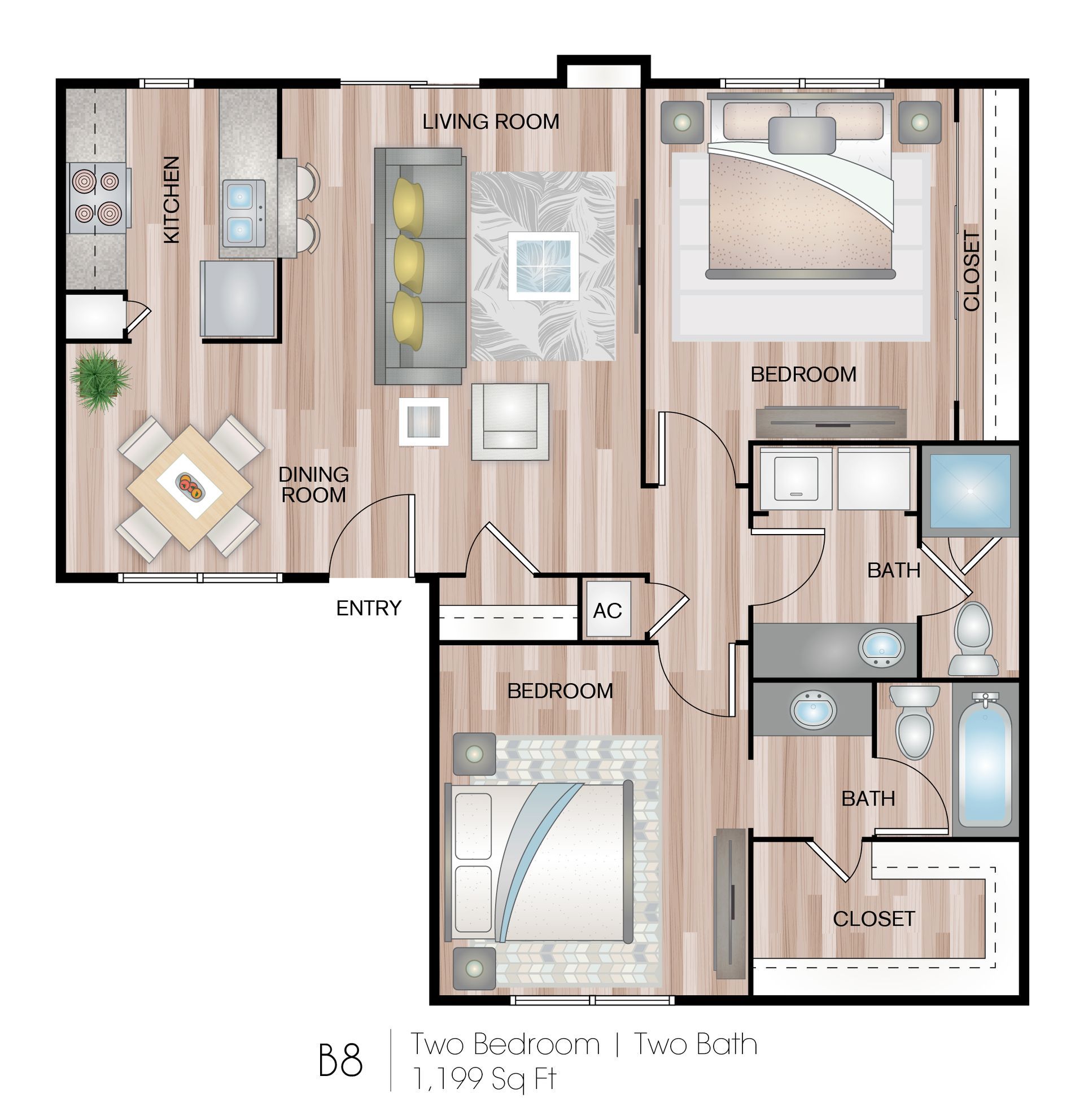 Apartment floor plan with two bedrooms, two baths, living room, kitchen, entry, and closet layout.