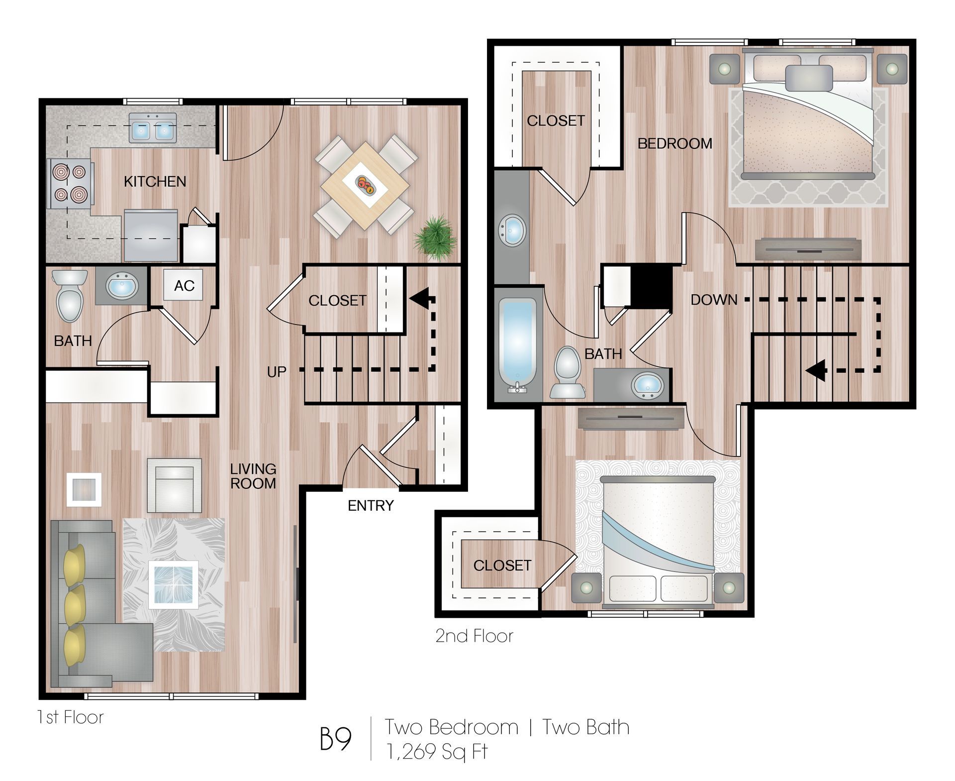 Two-floor house floor plan with labeled rooms, stairs, and furniture layout in beige and gray tones