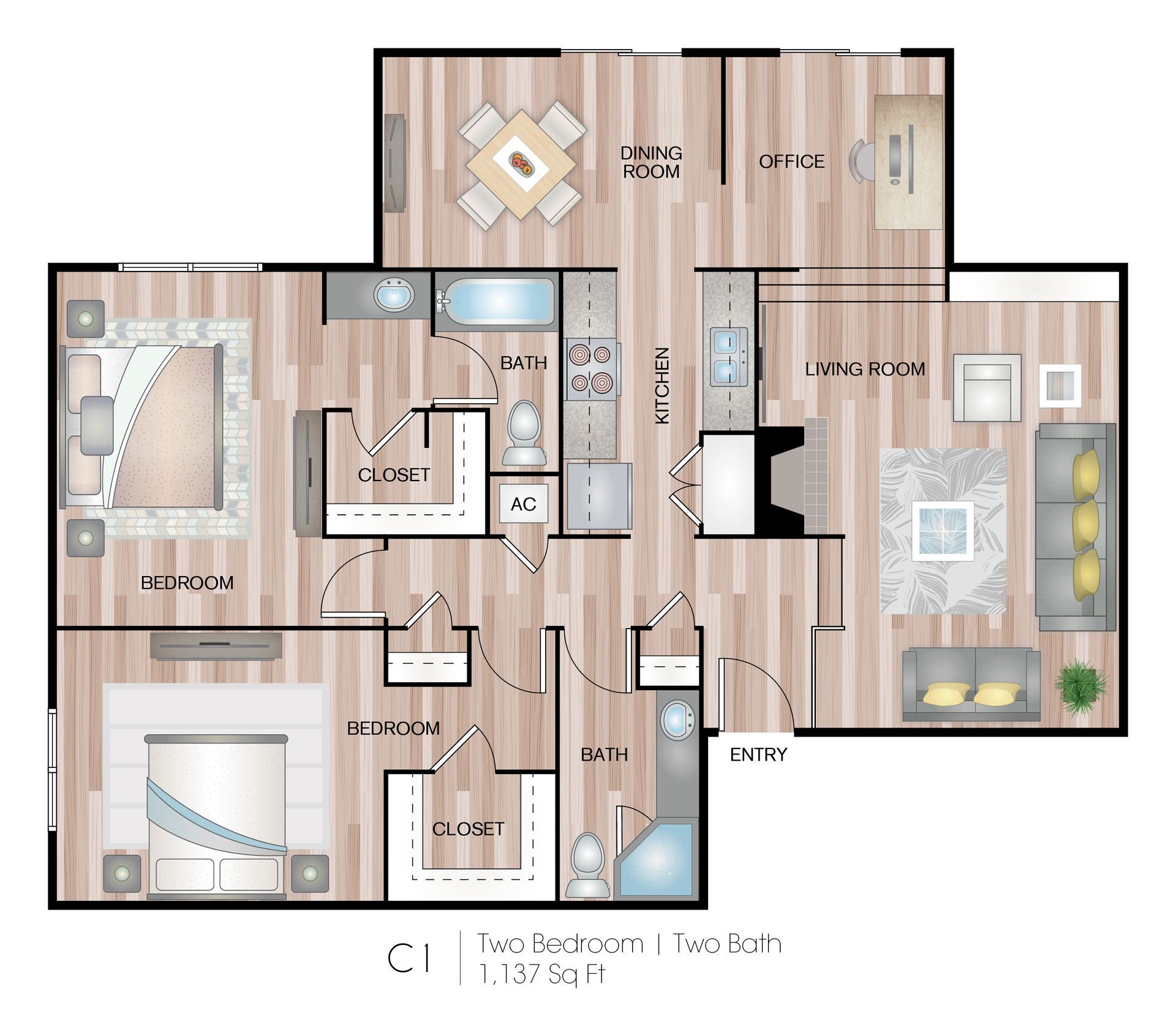 Floor plan of a home interior with labeled rooms and light wood flooring.