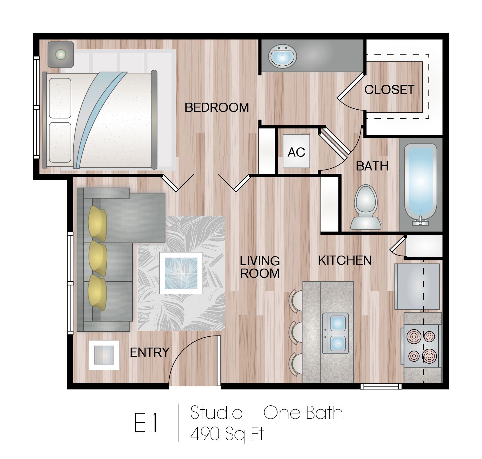 Floor plan of a one-bedroom apartment with living room, kitchen, bath, closet, and entry.