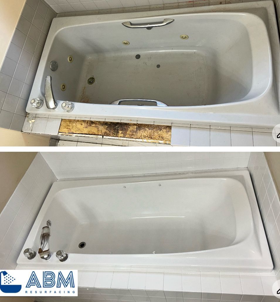 Before and after picture of a bathtub. In the before picture you can see the tile around the tub is completely cracked and the tub itself is looking stained. In the after picture its almost like you see a brand new tub. 