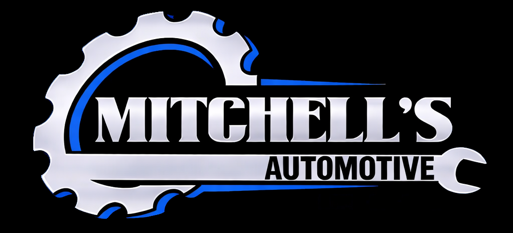 Logo for Mitchell's Automotive: gear, wrench, and text on a blue and white background.