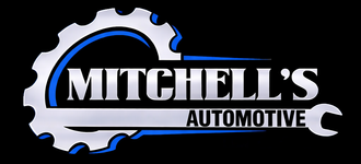 Logo for Mitchell's Automotive: gear, wrench, and text on a blue and white background.