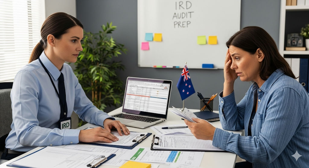 Woman consulting with another, likely over tax forms, looking concerned. Whiteboard reads