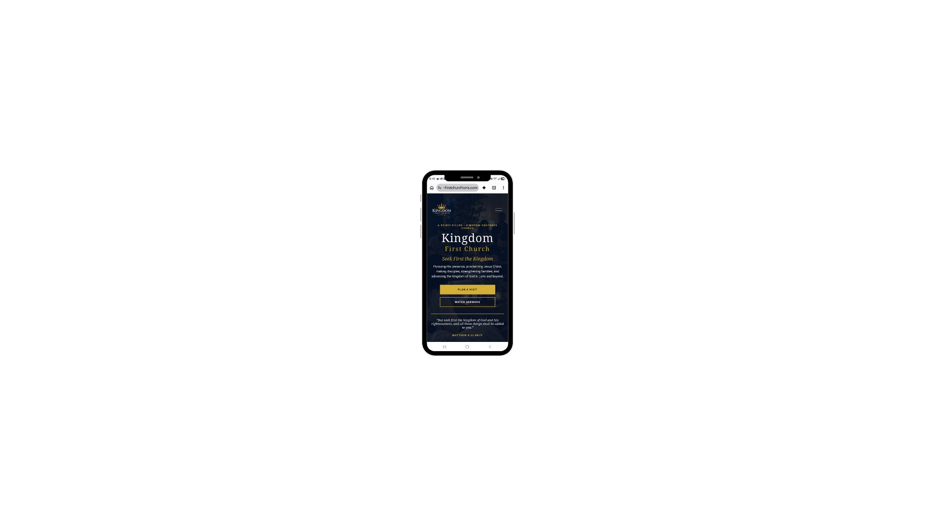 Kingdom First Church website displayed on a mobile phone