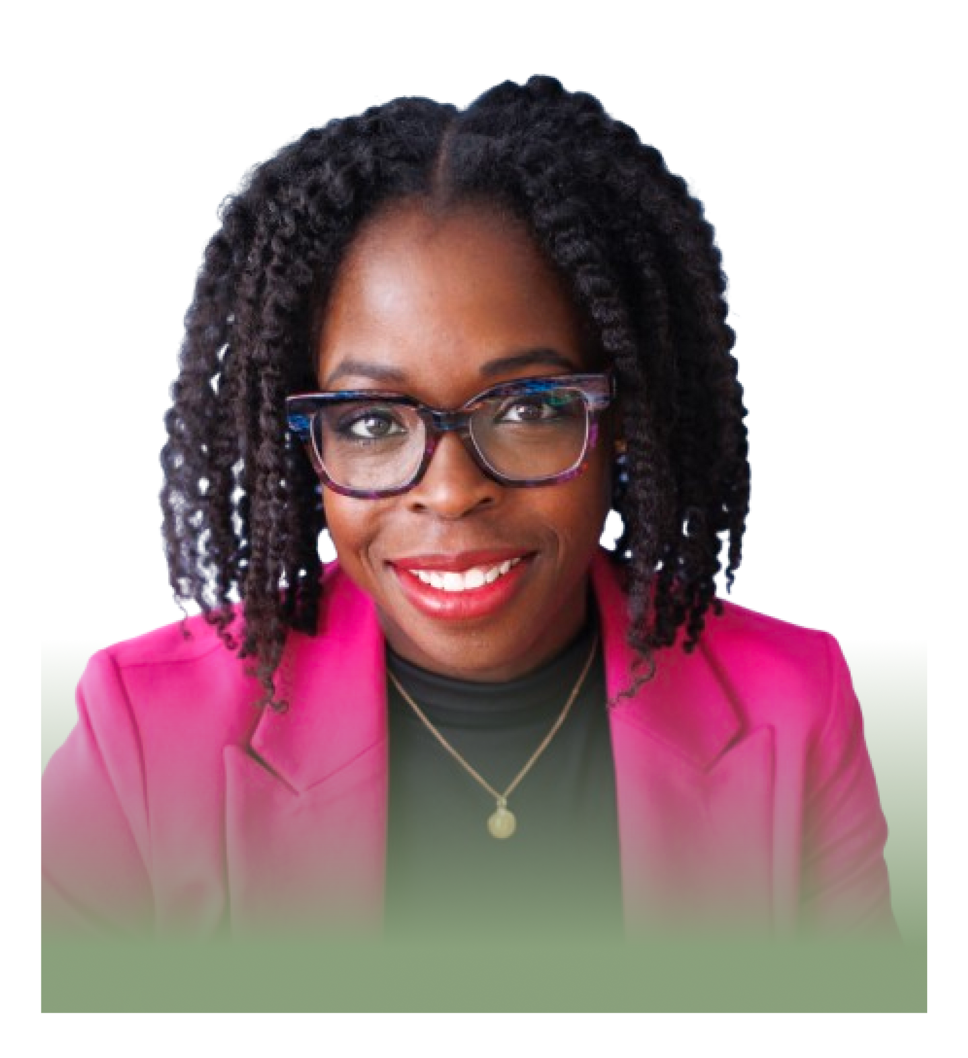 A woman wearing glasses and a pink jacket is smiling