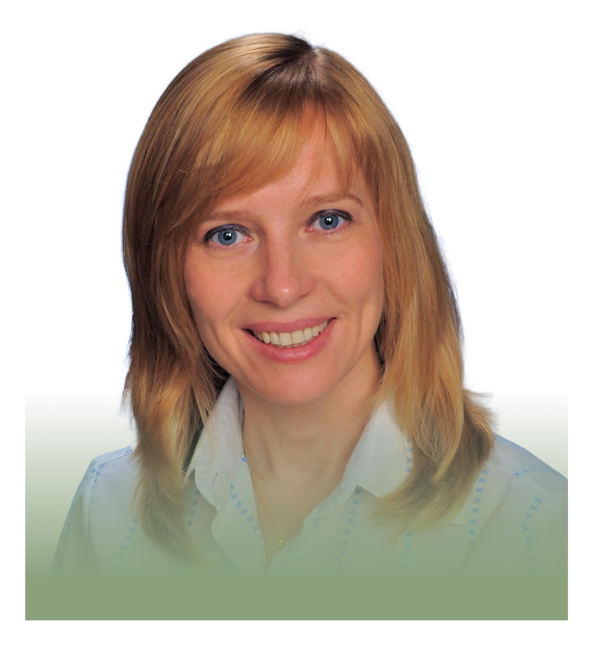 A woman with blonde hair and blue eyes smiles for the camera
