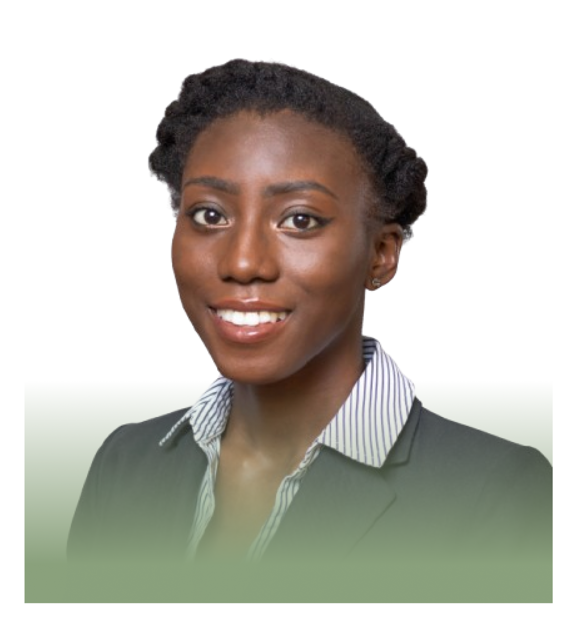 A woman in a suit and striped shirt is smiling for the camera.