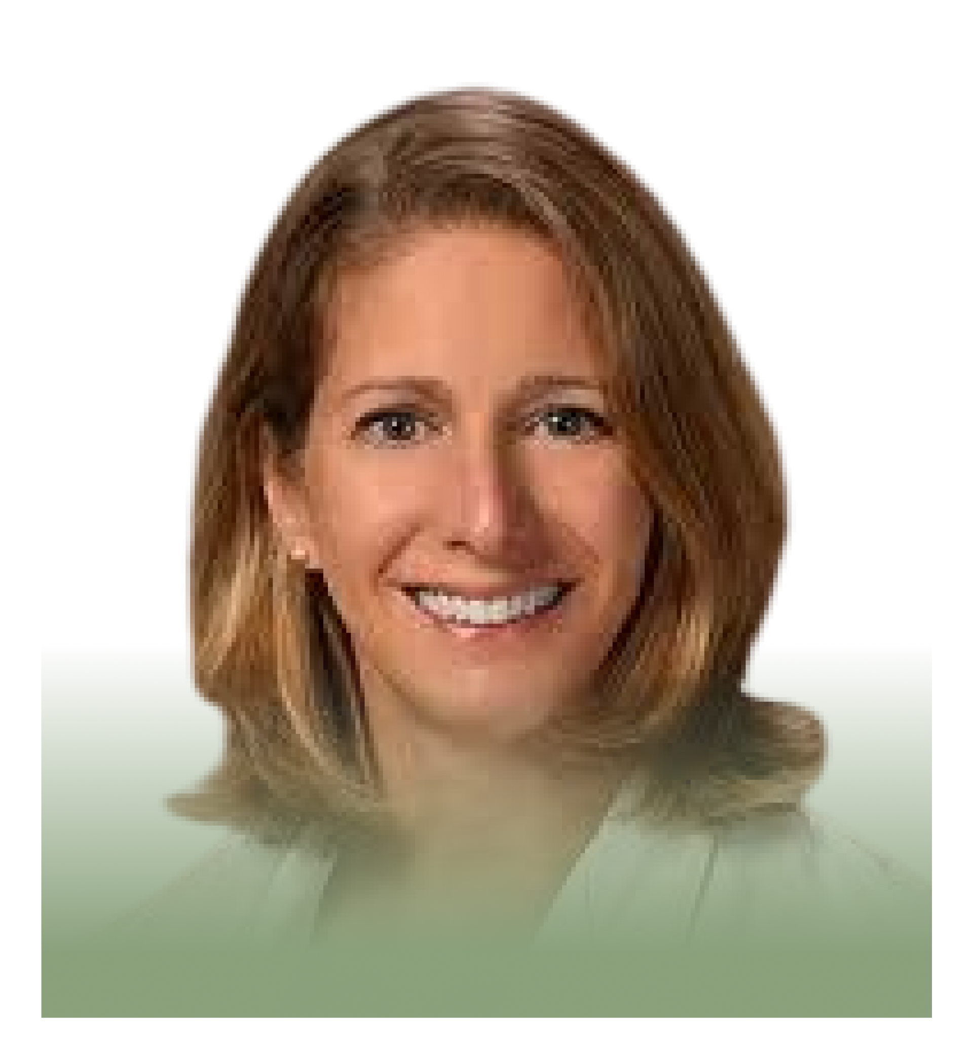 A woman with brown hair is smiling and wearing a white shirt.