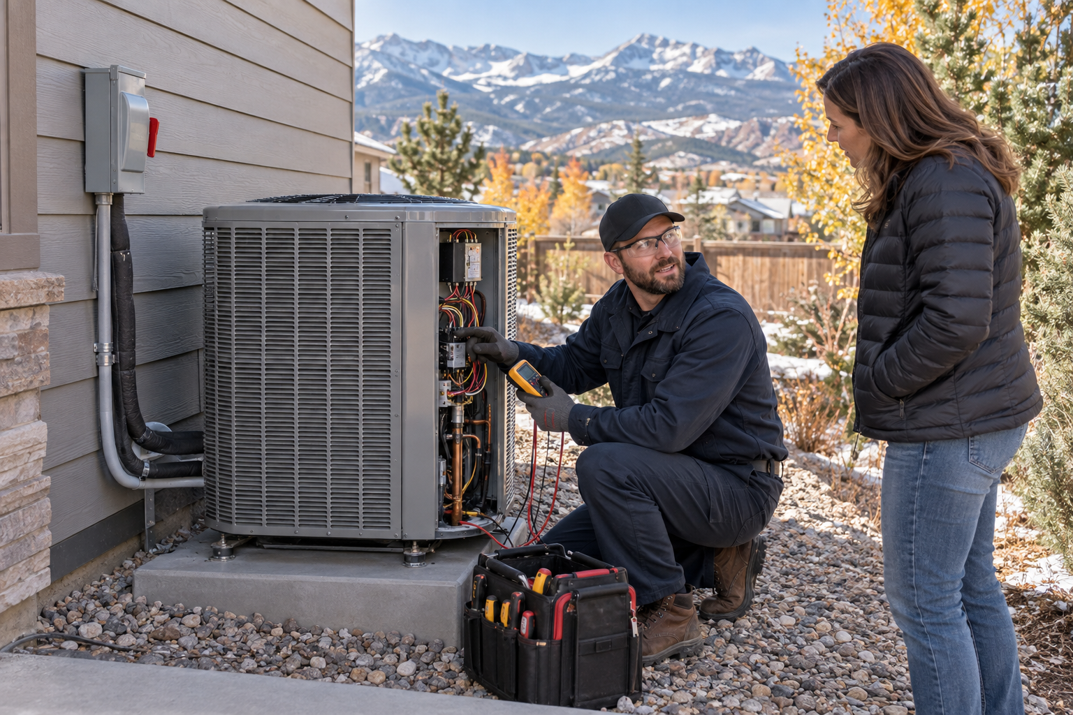HVAC technician inspecting a residential heat pump for lifespan and performance in Colorado's climat