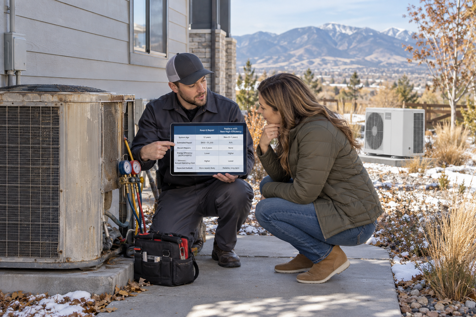 HVAC technician discussing heat pump repair versus replacement with a Denver homeowner.