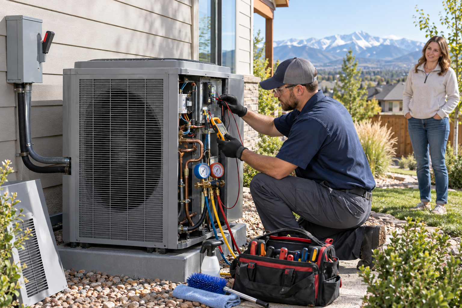 HVAC technician performing professional heat pump service and maintenance at a Denver home.