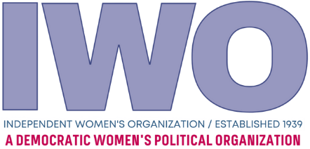 IWO logo with purple text and tagline: “Independent Women’s Organization,” “Established 1939,” and “A Democratic Women’s Political Organization”