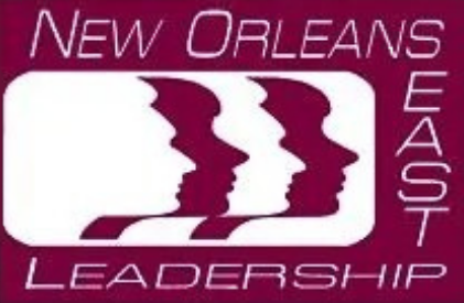 New Orleans East Leadership logo in white and purple with stylized faces and text