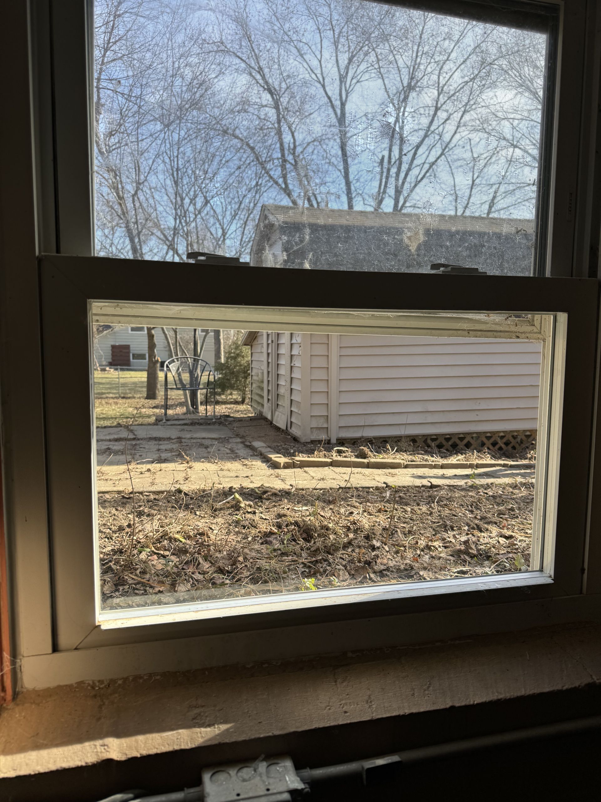 A window with a view of a shed and trees.