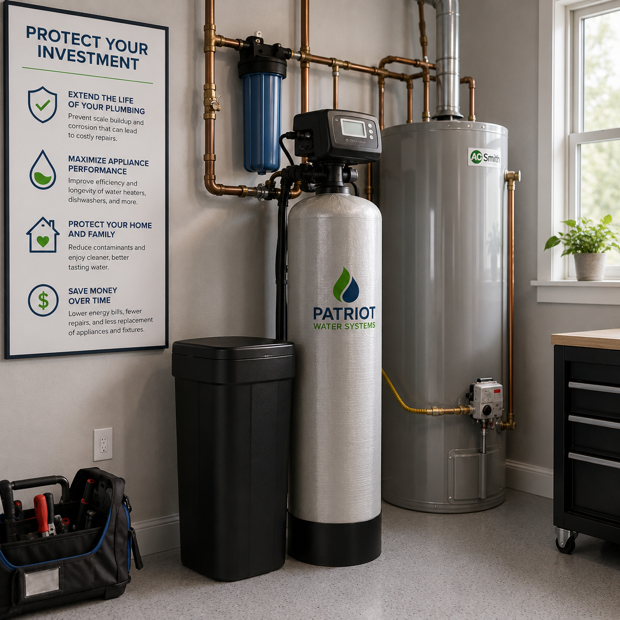 water scale prevention filter installed on a horizontal copper pipe against a concrete block wall.