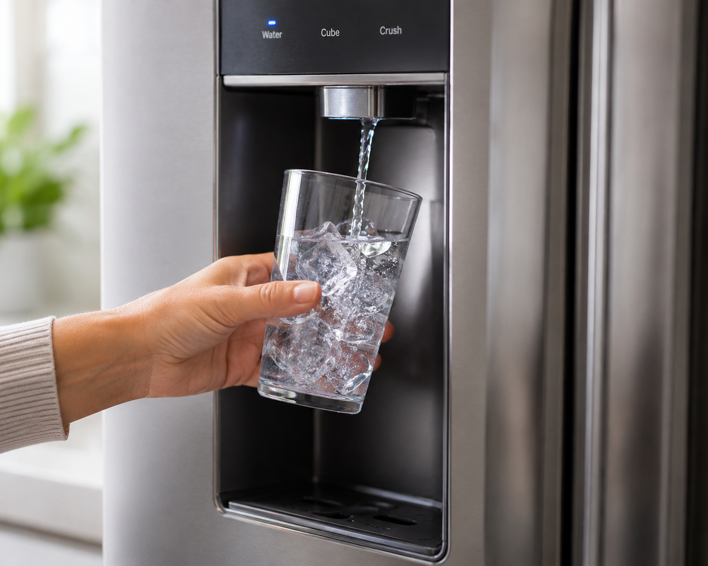 filling up a glass of water from refrigerator water dispenser