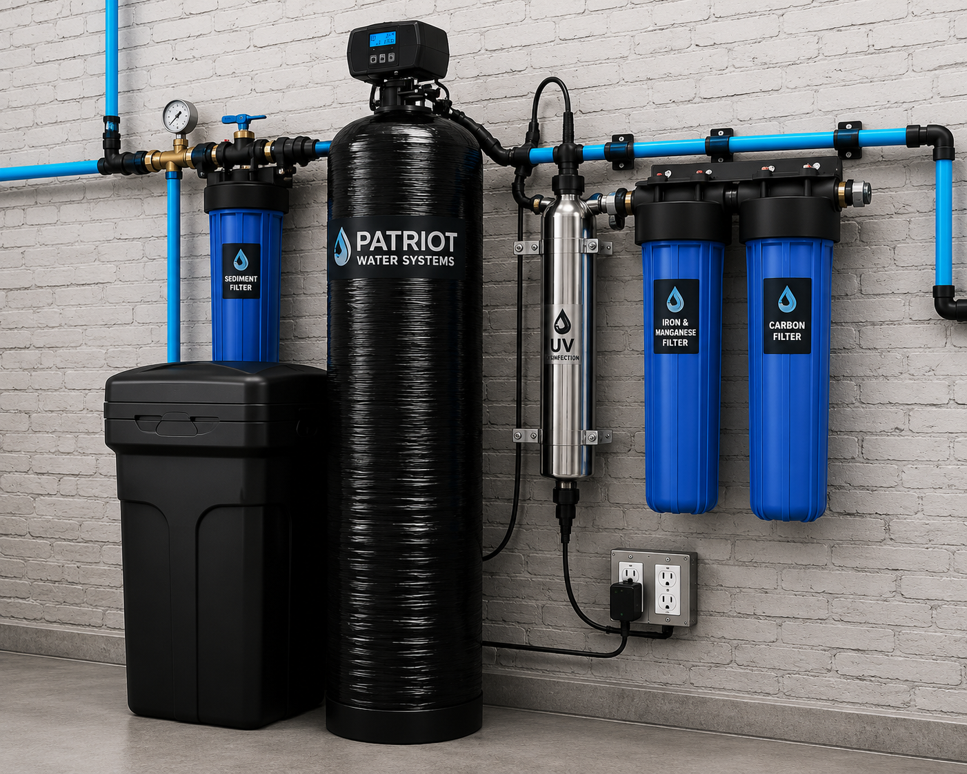 A water filtration system with a sediment filter and a large black tank connected by blue piping against a brick wall.