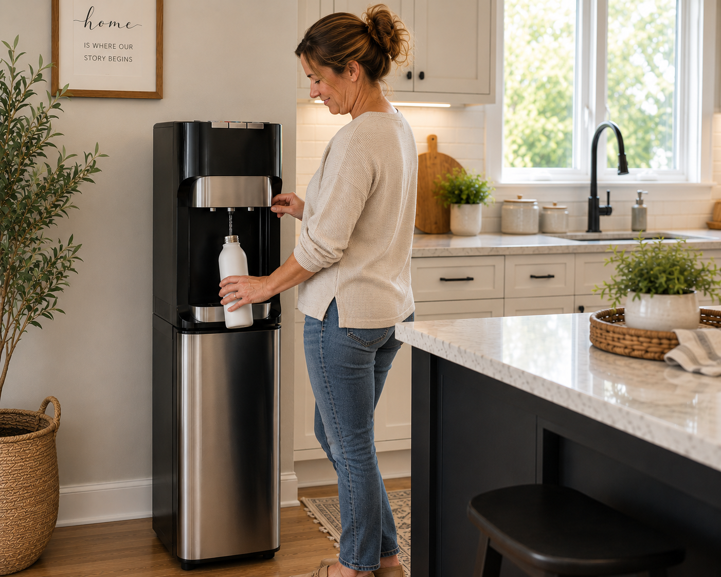 lady getting water from a bottleless water cooler