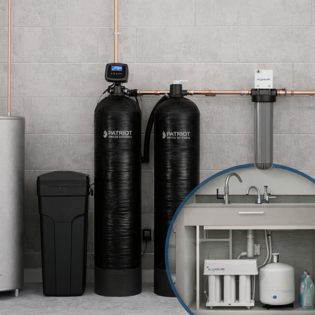A water filtration system with a black tank and four filters mounted under a kitchen sink.