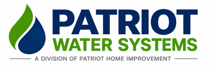 Logo for Patriot Water Systems: a dark blue drop icon with a green leaf design, followed by the company name in dark blue.
