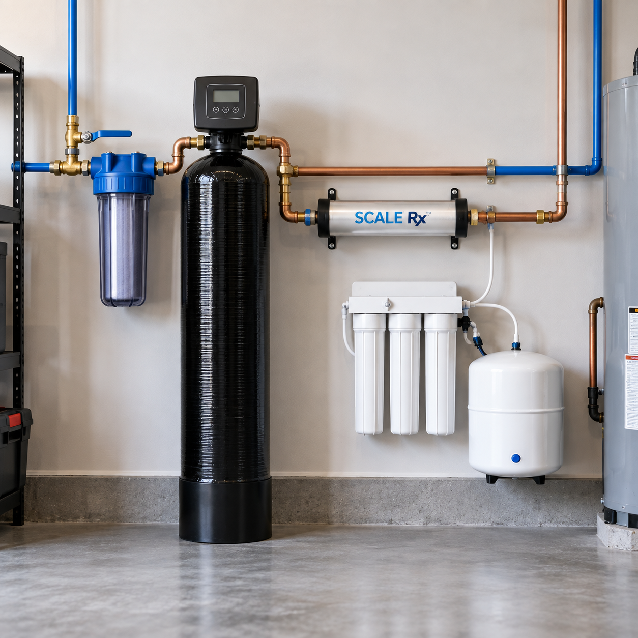 A yellow, cylindrical water scale prevention filter installed on a horizontal copper pipe against a concrete block wall.