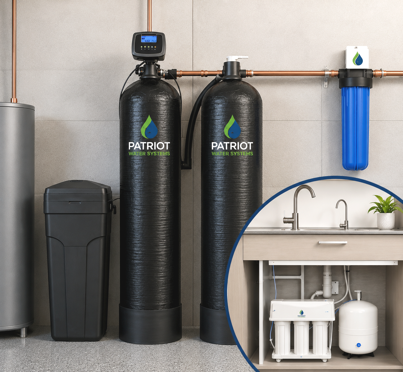 A water filtration system with a sediment filter and a large black tank connected by blue piping against a brick wall.
