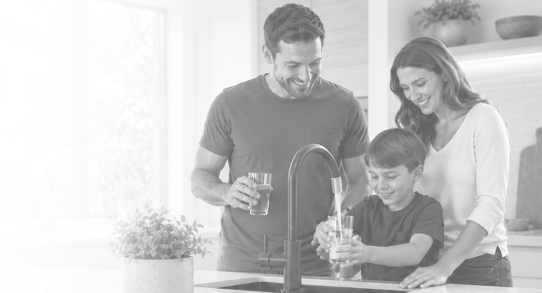 family with child getting clean tap water