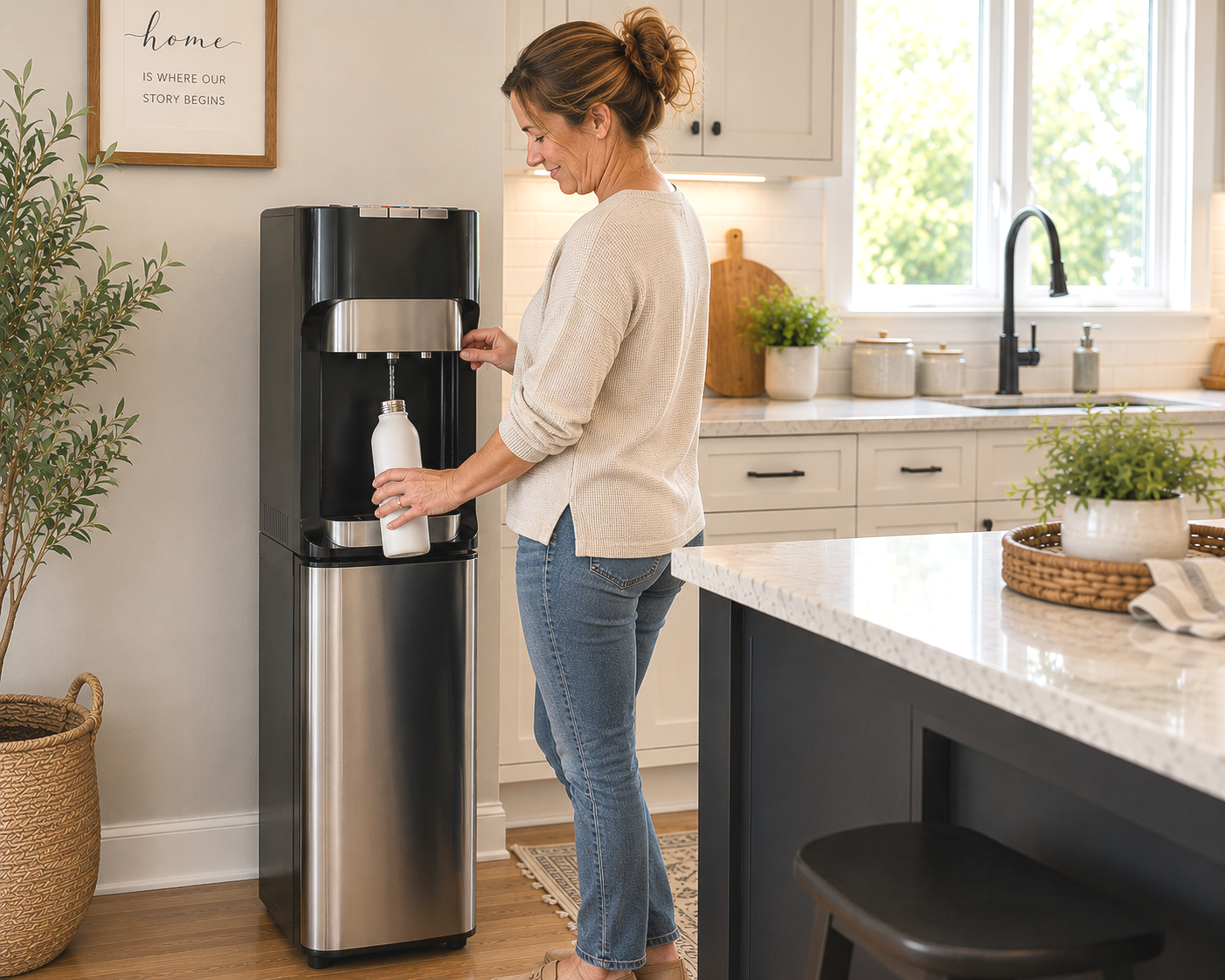 lady filling bottle at bottleless water cooler