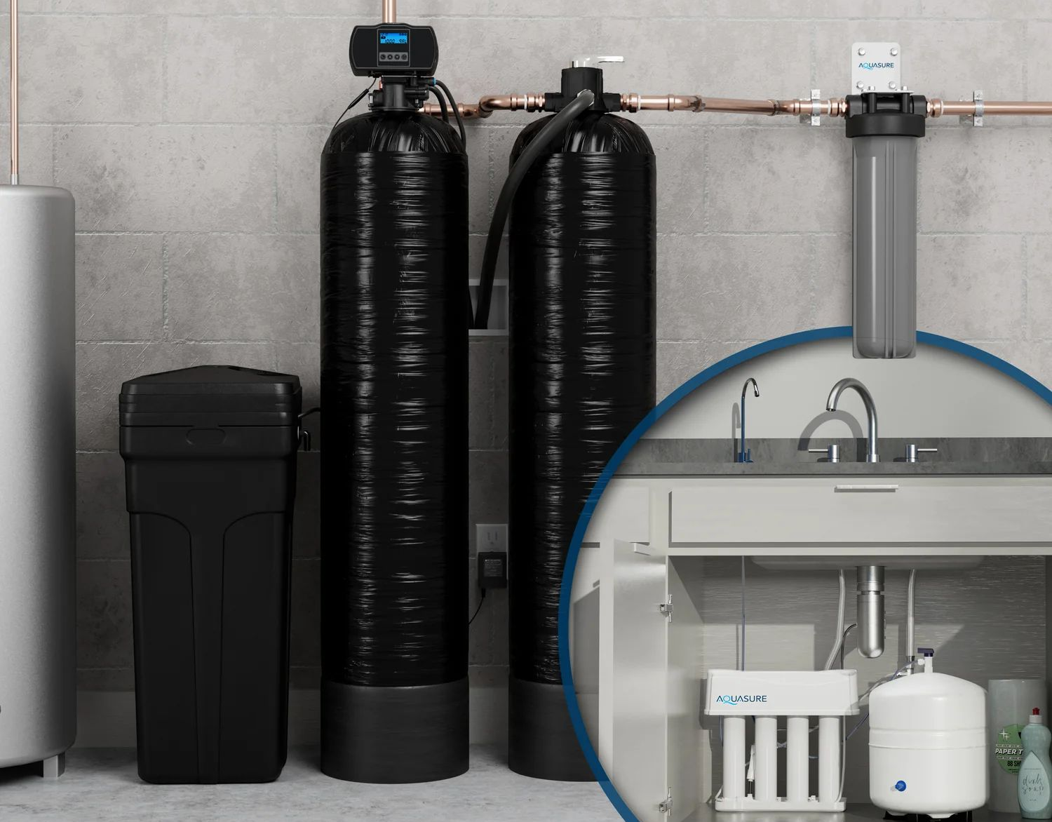 A water filtration system with a pre-filter and a large black tank mounted on a white brick wall with blue plumbing pipes.