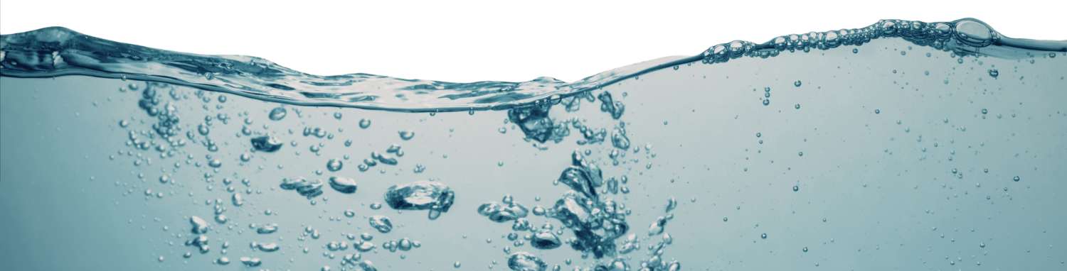 Clear, blue water with air bubbles rising toward a rippling surface against a white background.