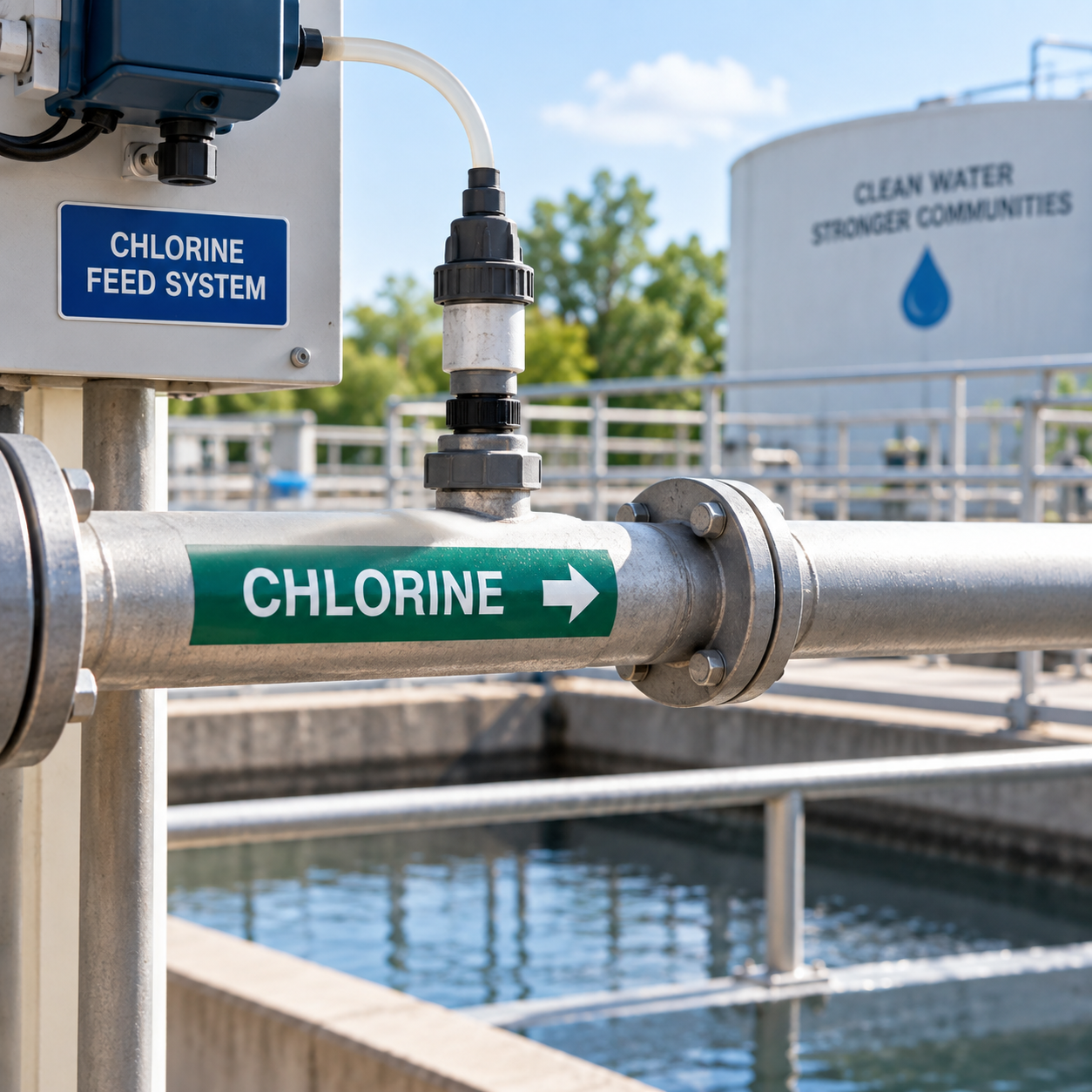 A water filtration system with a sediment filter and a large black tank connected by blue piping against a brick wall.